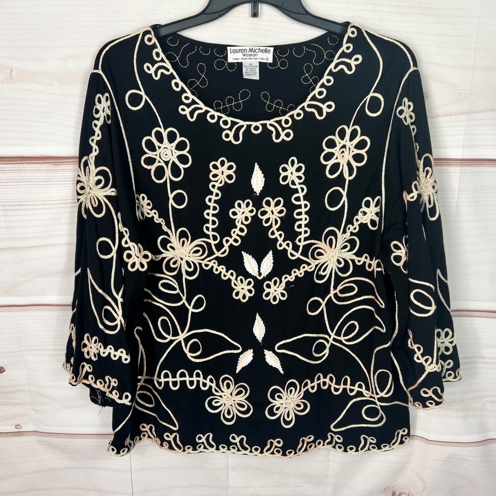 Lauren Michelle Top Womens‎ 3X Black Ribbon Embroidered Blouse Scoop Neck Knit